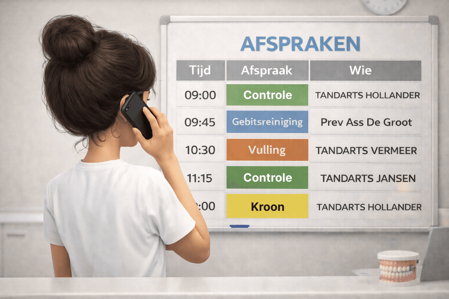 Famke plant een afspraak in op het afsprakenbord