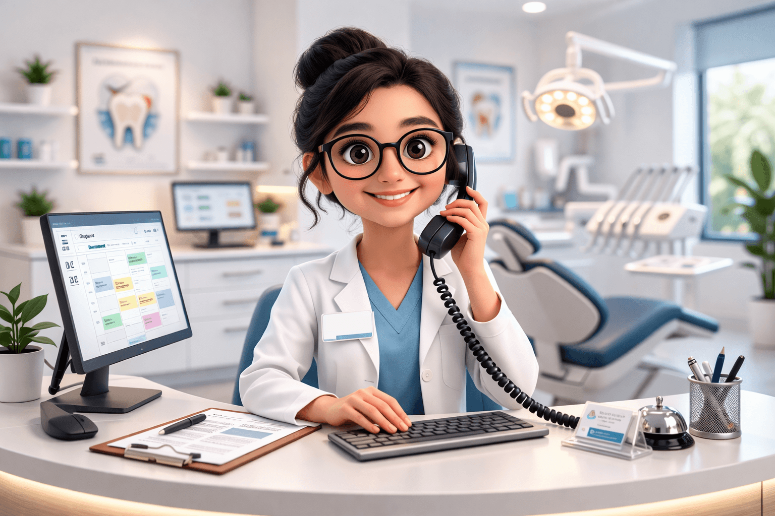 Famke neemt de telefoon op in een tandartspraktijk